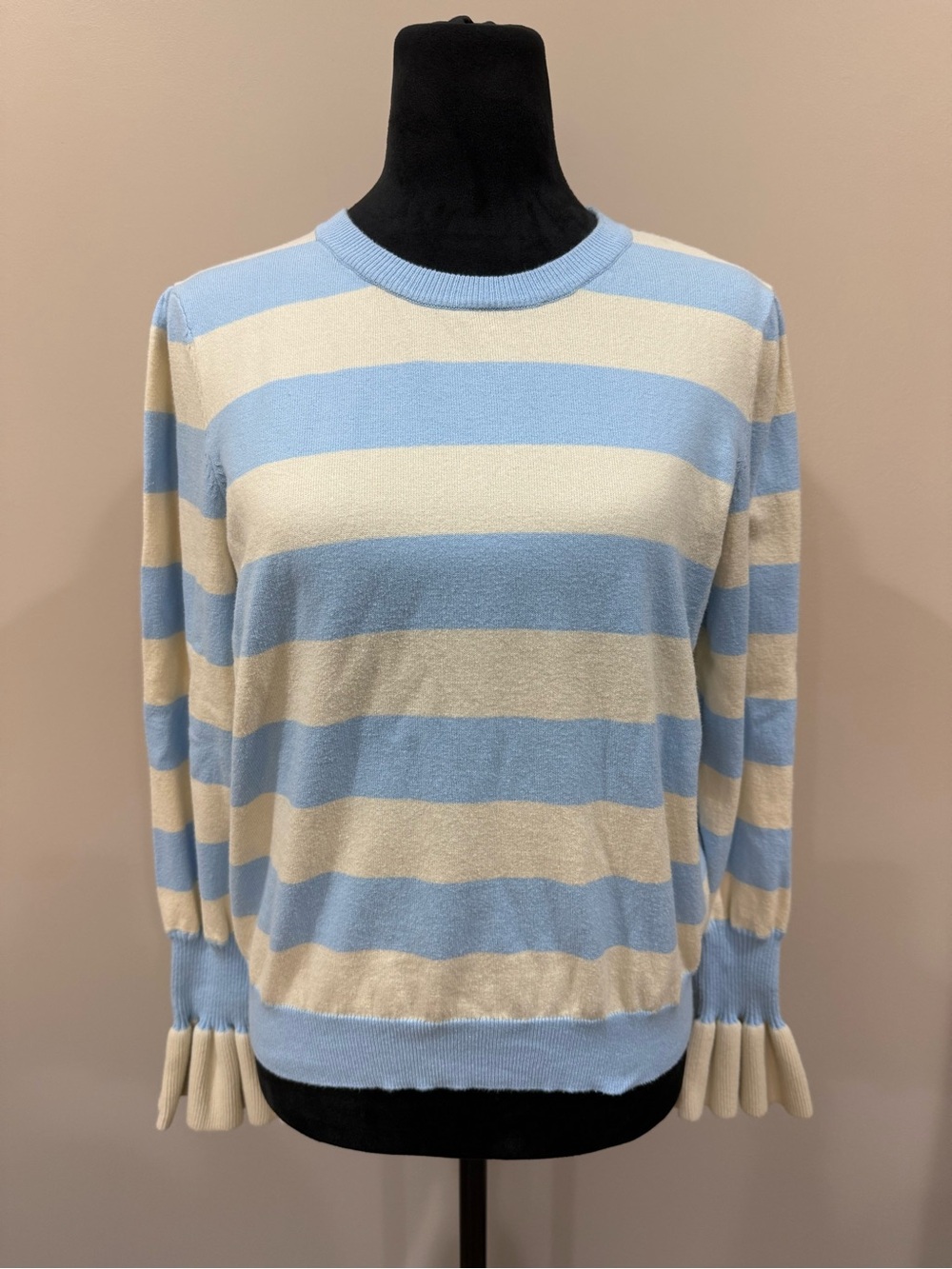 Who What Wear Blue & Cream Striped Bell Sleeve Knit Pullover Sweater Size Large